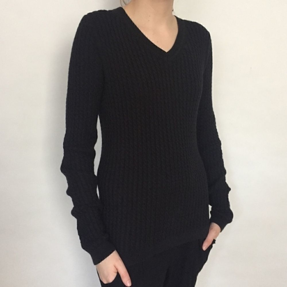 Lands' End Women's Black V-neck Cable Knit Pullover Sweater